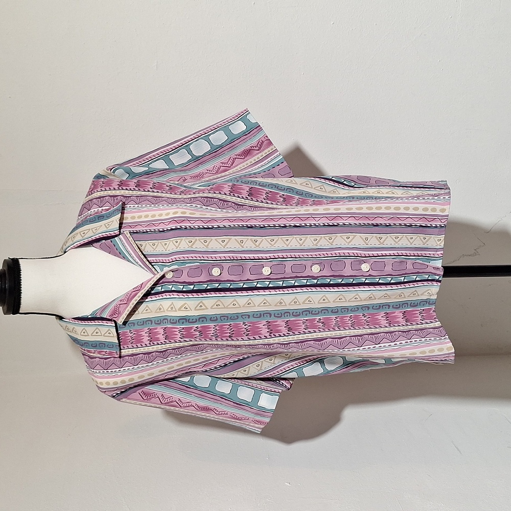 Allison Daley Multicolor Striped Full Button-Up Short Sleece Blouse Size 14P